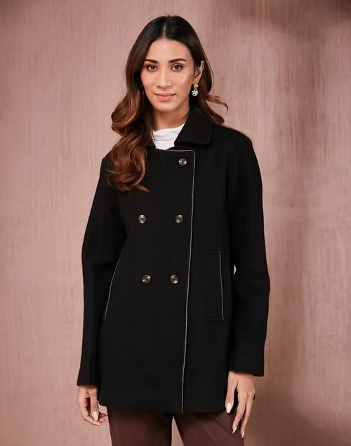 Black Wool Thigh Length Jacket