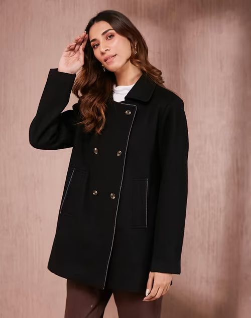 Black Wool Thigh Length Jacket
