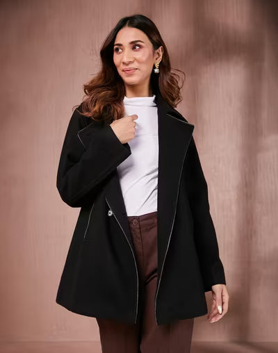 Black Wool Thigh Length Jacket