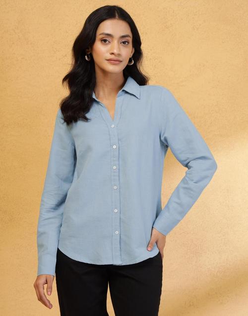 Blue Cotton Linen Slim Fit Shirt