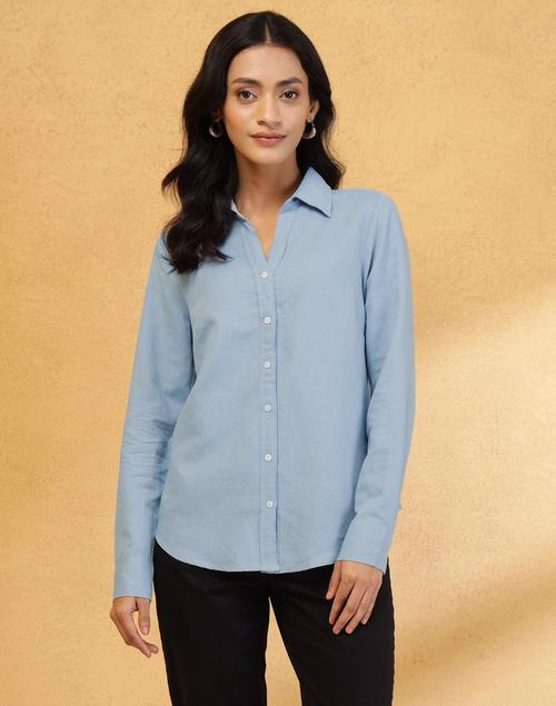 Blue Cotton Linen Slim Fit Shirt