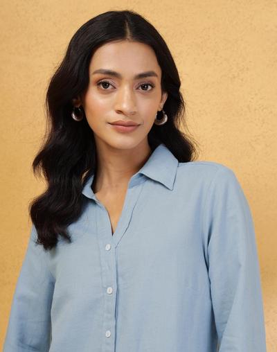 Blue Cotton Linen Slim Fit Shirt