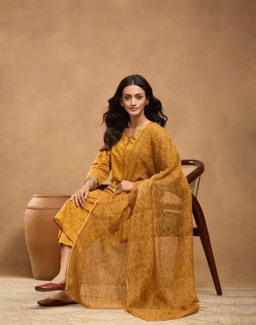 Mustard Cotton Printed Dupatta, Pant & Kurta Set