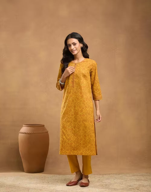 Mustard Cotton Printed Dupatta, Pant & Kurta Set