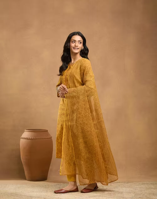 Mustard Cotton Printed Dupatta, Pant & Kurta Set