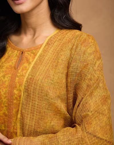 Mustard Cotton Printed Dupatta, Pant & Kurta Set