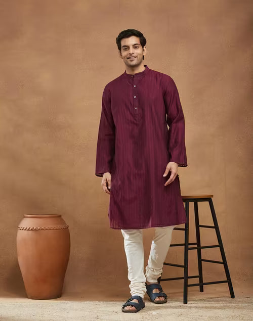 Wine Cotton Silk Cutwork Long Kurta