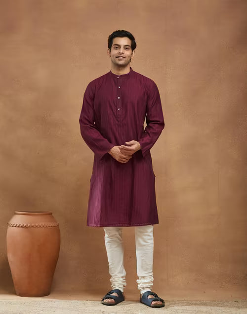 Wine Cotton Silk Cutwork Long Kurta