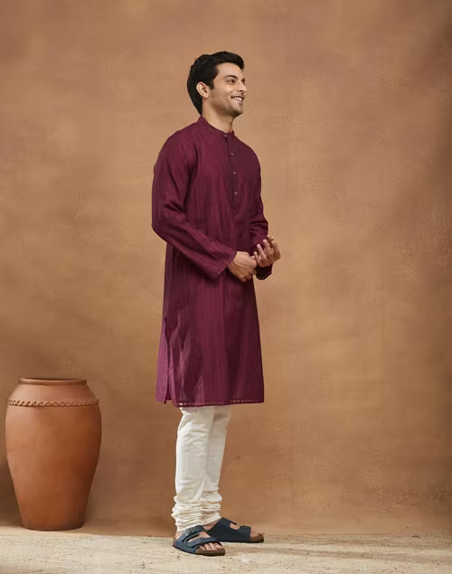 Wine Cotton Silk Cutwork Long Kurta