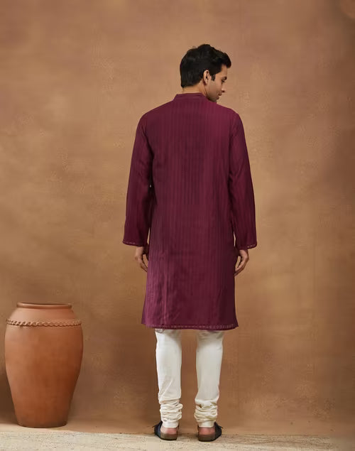 Wine Cotton Silk Cutwork Long Kurta
