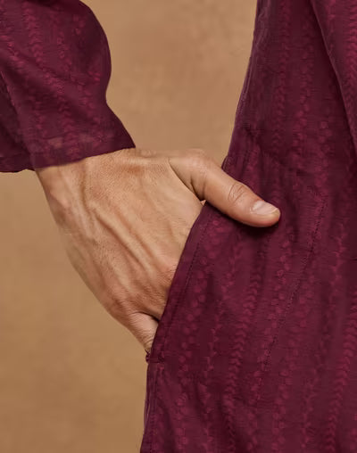Wine Cotton Silk Cutwork Long Kurta