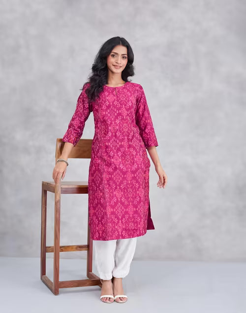 Wine Cotton Silk Ikat Long Kurta