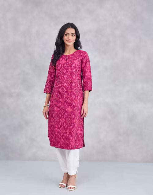 Wine Cotton Silk Ikat Long Kurta