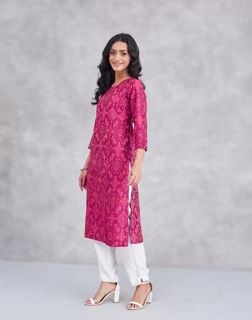 Wine Cotton Silk Ikat Long Kurta