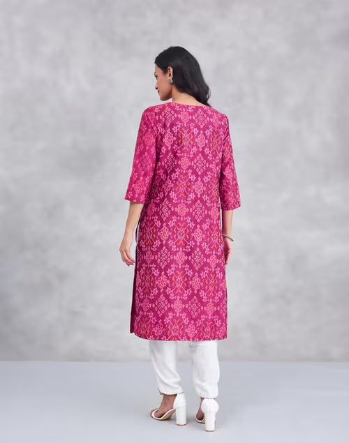 Wine Cotton Silk Ikat Long Kurta