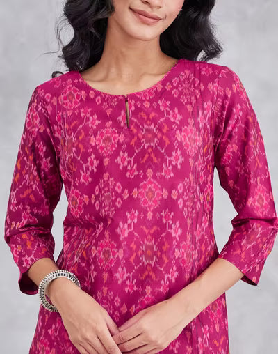 Wine Cotton Silk Ikat Long Kurta