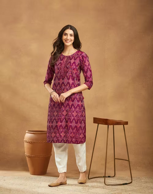 Purple Cotton Silk Ikat Long Kurta