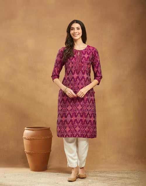 Purple Cotton Silk Ikat Long Kurta