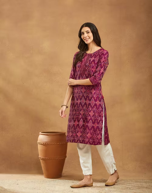 Purple Cotton Silk Ikat Long Kurta
