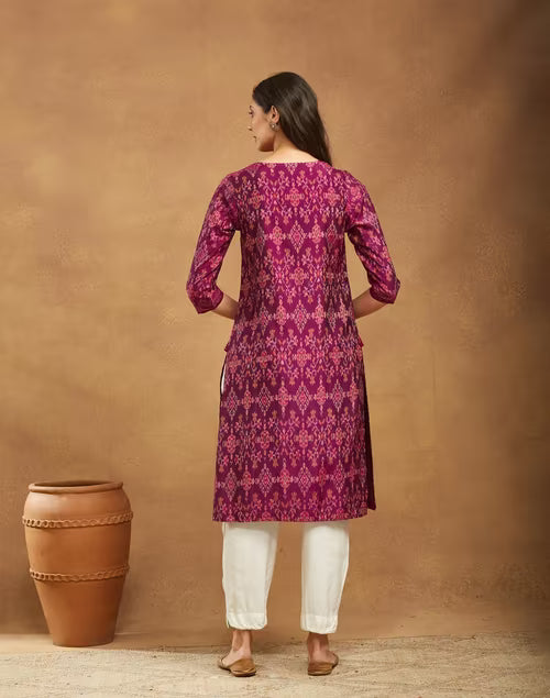 Purple Cotton Silk Ikat Long Kurta