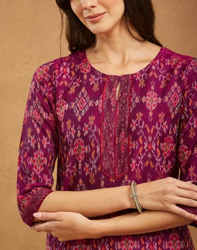 Purple Cotton Silk Ikat Long Kurta