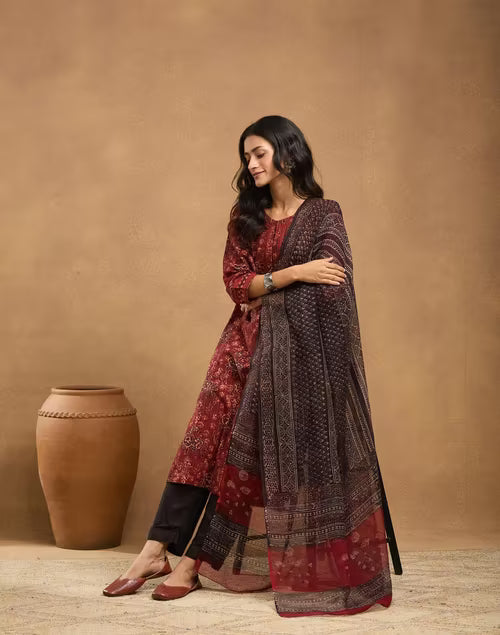 Red Cotton Bagru Printed Dupatta & Kurta Set