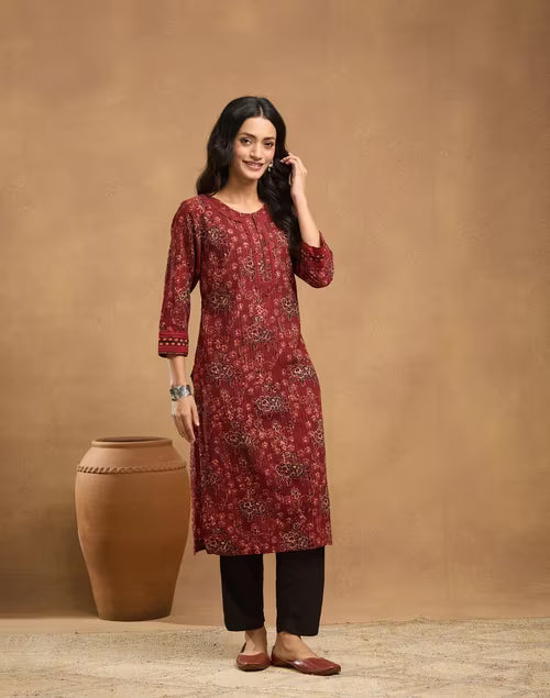 Red Cotton Bagru Printed Dupatta & Kurta Set