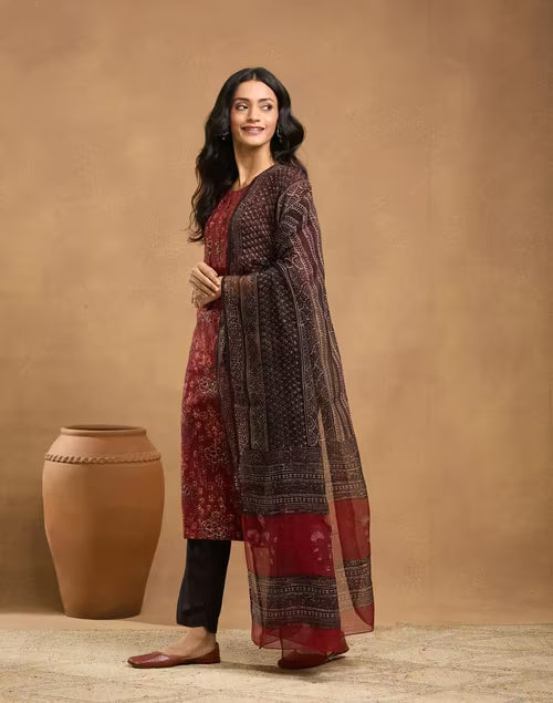 Red Cotton Bagru Printed Dupatta & Kurta Set