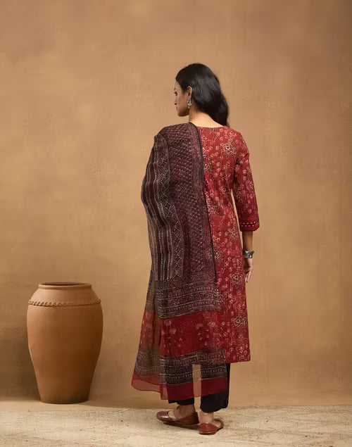 Red Cotton Bagru Printed Dupatta & Kurta Set
