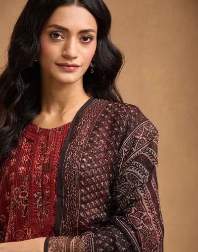 Red Cotton Bagru Printed Dupatta & Kurta Set