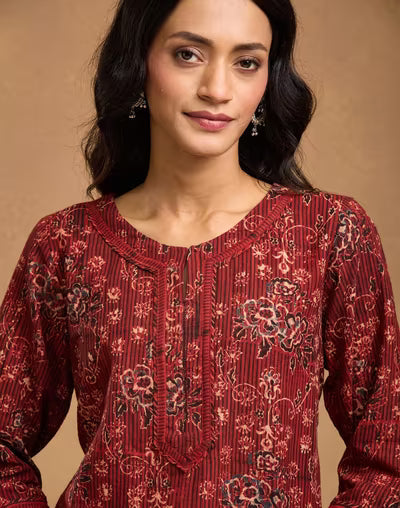 Red Cotton Bagru Printed Dupatta & Kurta Set