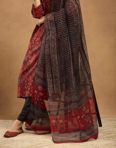 Red Cotton Bagru Printed Dupatta & Kurta Set