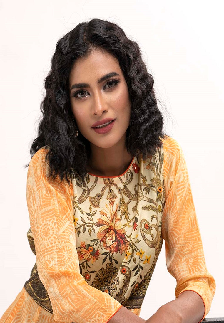 Yellow Crepe Frock Style Long Kameez image 1