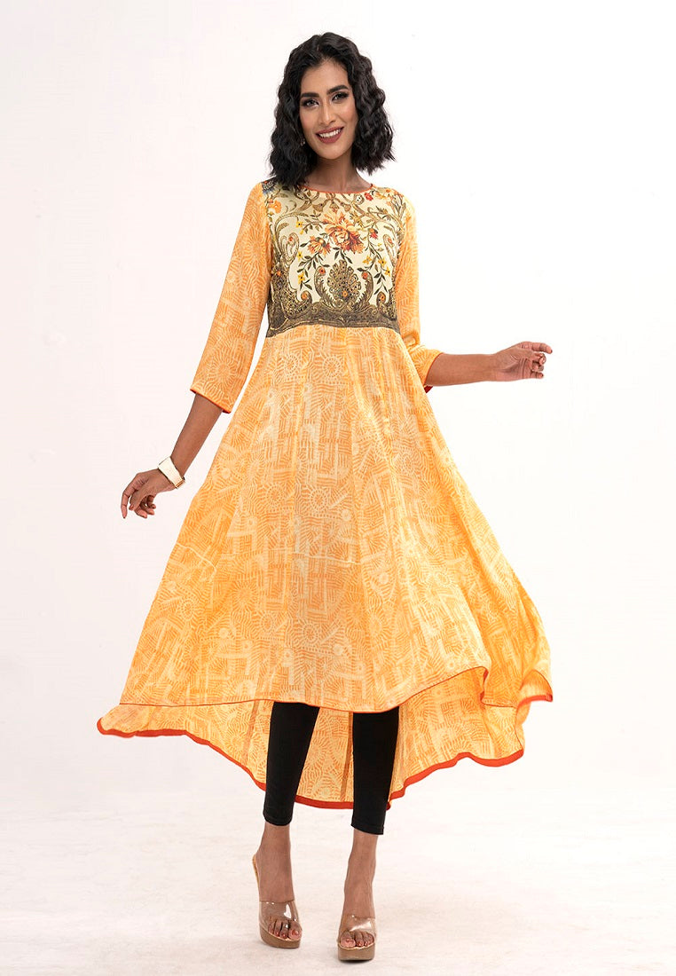 Yellow Crepe Frock Style Long Kameez